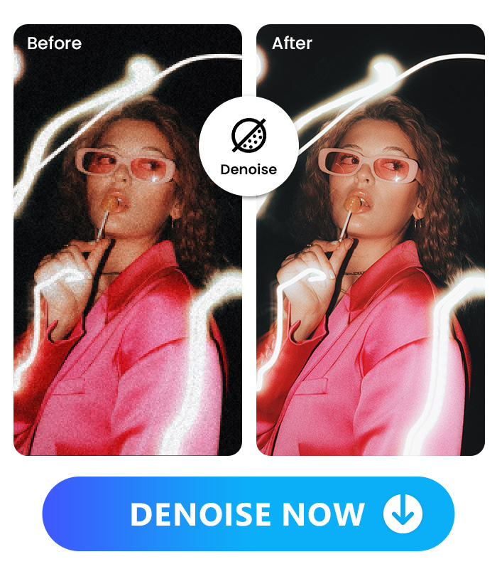 display PhotoDirector's denoise feature by displaying the original photo and the denoised photo of a girl wearing pink and a lollipop in her mouth